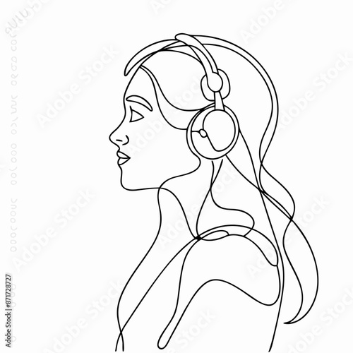 a young woman wearing headphones while listening to music  continuous one line art illustration (6)