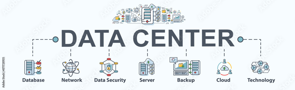 Data center banner web icon vector concept with icon of database, Large Language Model, network, data security, power Infrastructure, server, backup, cloud and technology. Minimal infographic. Data center banner web icon vector concept with icon of database, Large Language Model, network, data security, power Infrastructure, server, backup, cloud and technology. Minimal infographic.