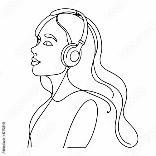 a young woman wearing headphones while listening to music  continuous one line art illustration (27)