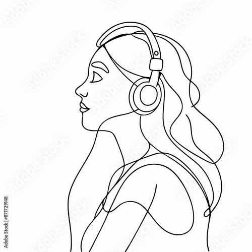 a young woman wearing headphones while listening to music  continuous one line art illustration (26)