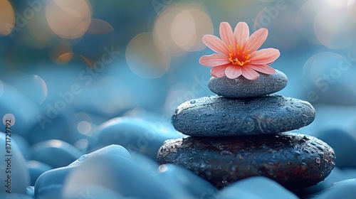 Pink flower resting on stacked stones
