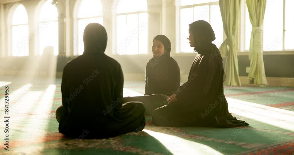 Islam, class and group of women in mosque for worship, spiritual inclusion and holy study together. Culture, support and female students with conversation, faith and solidarity in Muslim religion Islam, class and group of women in mosque for worship, spiritual inclusion and holy study together. Culture, support and female students with conversation, faith and solidarity in Muslim religion