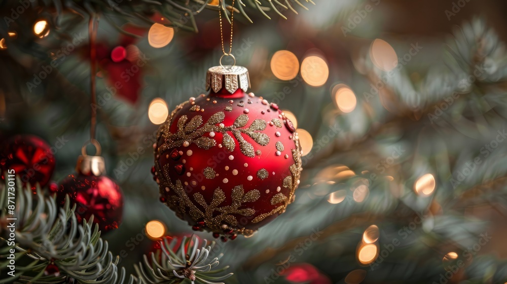Red christmas ornament on tree branch Red christmas ornament on tree branch