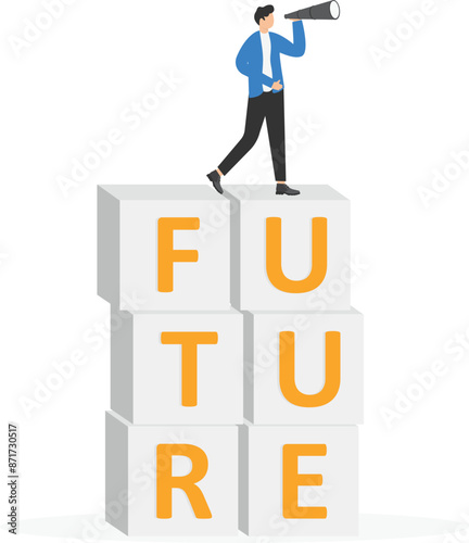 Future trends, business vision, searching for opportunities or leadership concept. Businessman is looking through monocular telescope and standing on ladder above text FUTURE.

