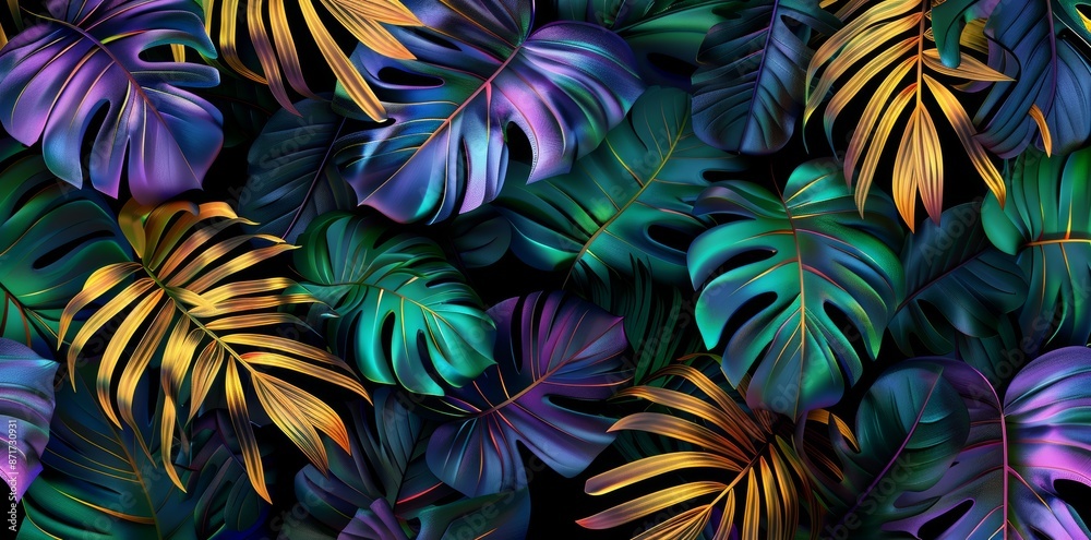 This exotic tropical seamless pattern is composed of pastel colored banana leaves, palm leaves. The illustration is hand-drawn vintage style with a dark glamorous background. It is suitable for This exotic tropical seamless pattern is composed of pastel colored banana leaves, palm leaves. The illustration is hand-drawn vintage style with a dark glamorous background. It is suitable for