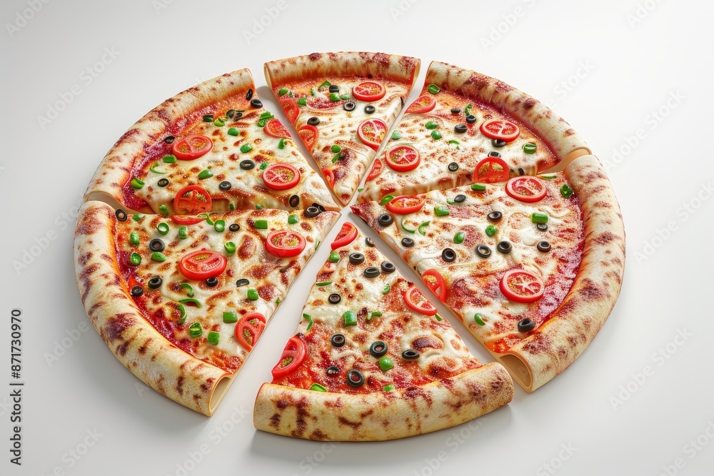 A pizza with a variety of toppings on white background A pizza with a variety of toppings on white background