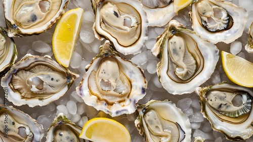 Freshly shucked oysters on a bed of ice, accented with lemon wedges for a touch of zest.