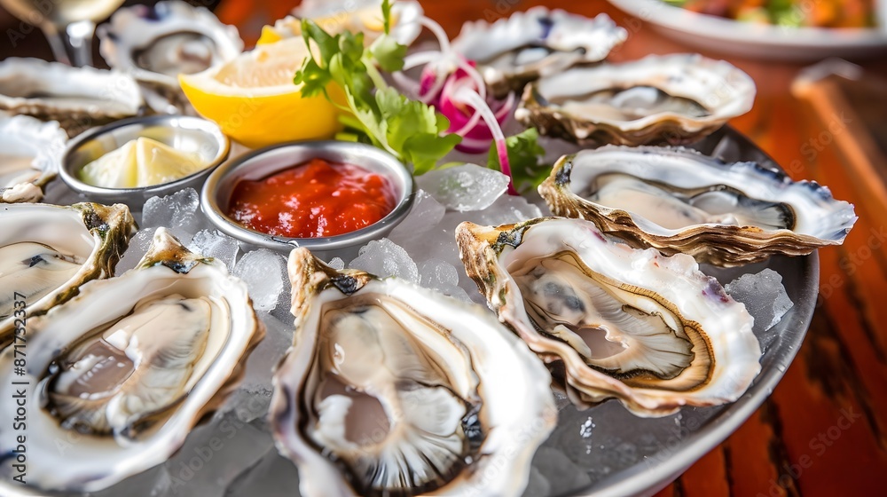 Fresh oysters served on a bed of ice with slices of lemon, parsley, and cocktail sauce. Fresh oysters served on a bed of ice with slices of lemon, parsley, and cocktail sauce.