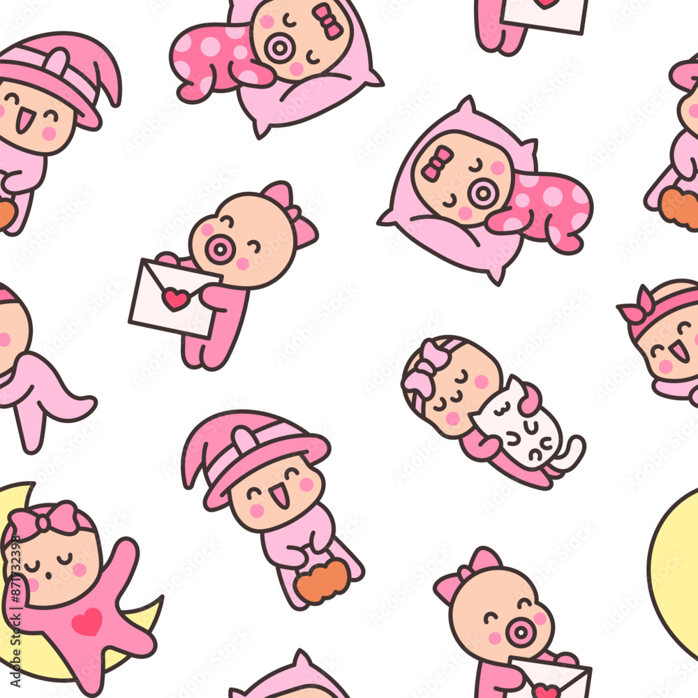 Cute baby girl. Seamless pattern. Cartoon little newborn character. Hand style. Vector drawing. Design ornaments. Cute baby girl. Seamless pattern. Cartoon little newborn character. Hand style. Vector drawing. Design ornaments.