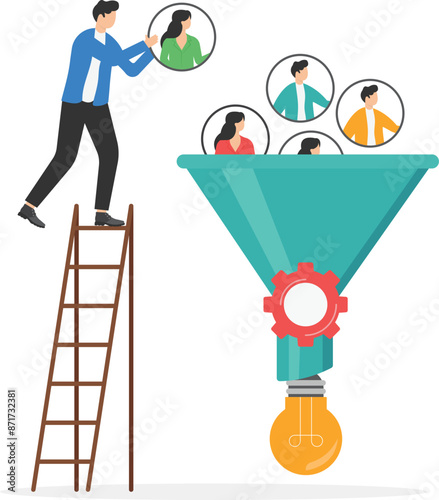 Hire new employees for creating brilliant ideas to grow business, team structure changes to achieve goals, organization restructuring for innovation, man using funnel to make light bulb from people.
