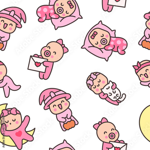 Cute baby girl. Seamless pattern. Cartoon little newborn character. Hand style. Vector drawing. Design ornaments.