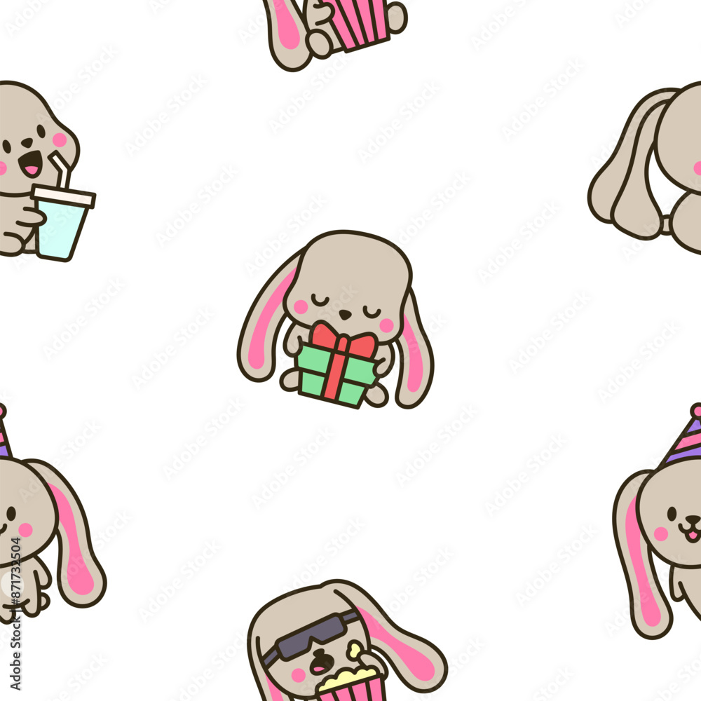 Fototapeta premium Cute kawaii bunny. Seamless pattern. Cartoon little rabbit characters. Hand drawn style. Vector drawing. Design ornaments.