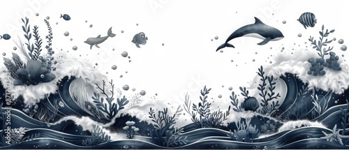 black and white background Black and white cartoon drawings of animals, fish, corals in the sea. photo