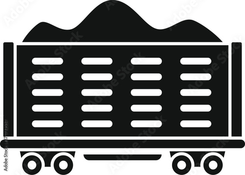 Black silhouette of a freight train waggon carrying bulk cargo, isolated on a white background