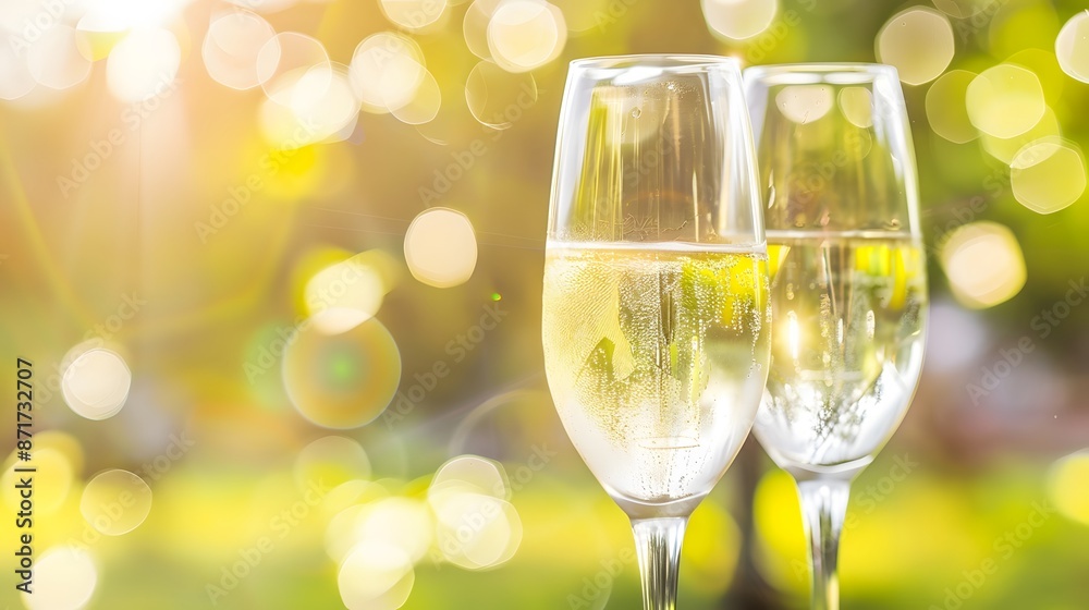 Champagne glasses filled with bubbly wine sparkling in warm sunlight creating a festive atmosphere