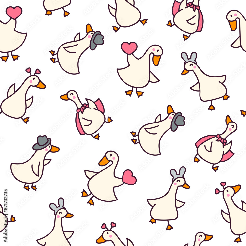Obraz premium Funny goose characters. Seamless pattern. Cute cartoon kawaii duck. Hand drawn style. Vector drawing. Design ornaments.