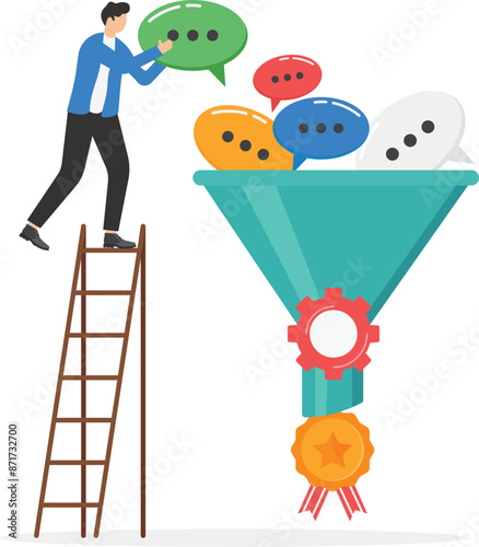Consumer surveys about quality of products or services to increase sales and brand awareness, increasing clients satisfaction by collecting information, man using funnel with speech bubbles makes meda
