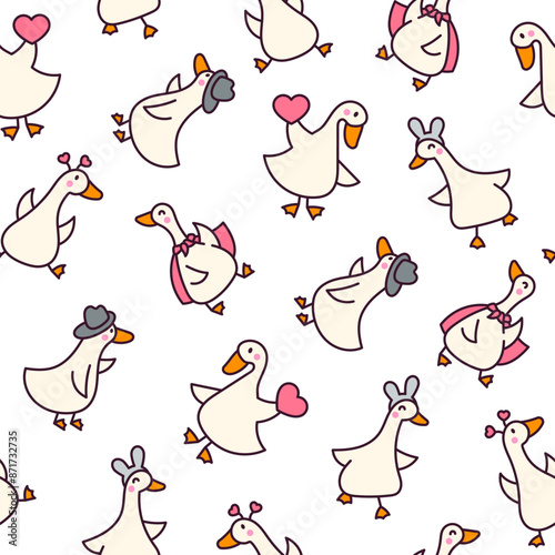 Funny goose characters. Seamless pattern. Cute cartoon kawaii duck. Hand drawn style. Vector drawing. Design ornaments.