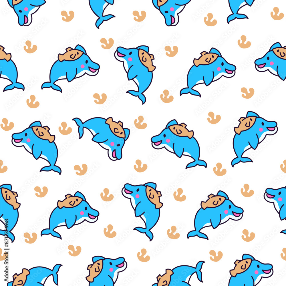 Obraz premium Cute kawaii dolphin in different poses. Seamless pattern. Funny cartoon marine character. Hand drawn style. Vector drawing. Design ornaments.