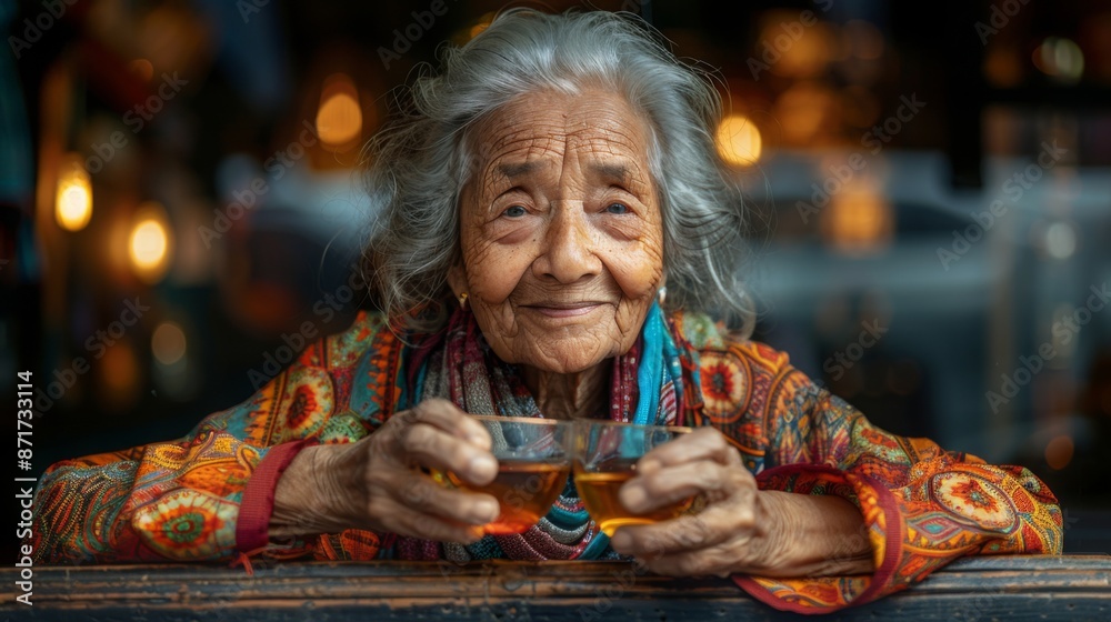 An old Asian woman raises a glass of hot tea and hands it to visitors with a smile, welcoming the World Tea Day festival. An old Asian woman raises a glass of hot tea and hands it to visitors with a smile, welcoming the World Tea Day festival.