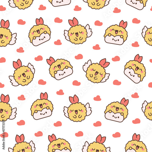 Cute happy kawaii tempura shrimp. Seamless pattern. Funny cartoon food character. Hand drawn style. Vector drawing. Design ornaments.