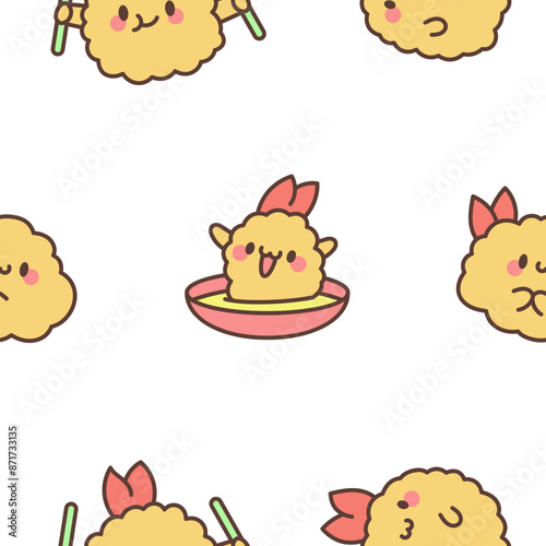 Cute happy kawaii tempura shrimp. Seamless pattern. Funny cartoon food character. Hand drawn style. Vector drawing. Design ornaments.