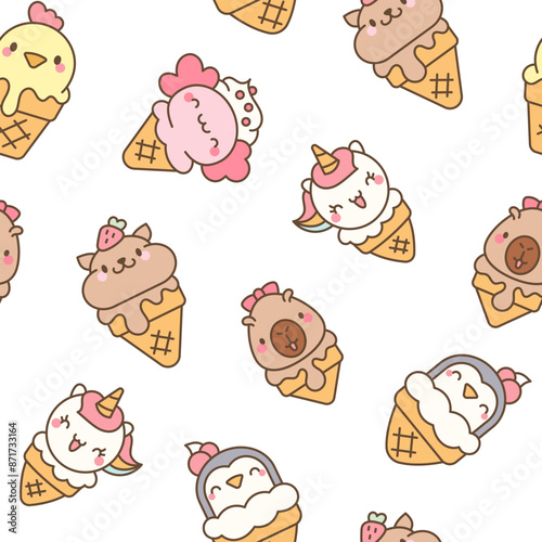 Cute animals with ice cream in waffle cone. Seamless pattern. Cartoon funny food dessert. Hand drawn style. Vector drawing. Design ornaments.