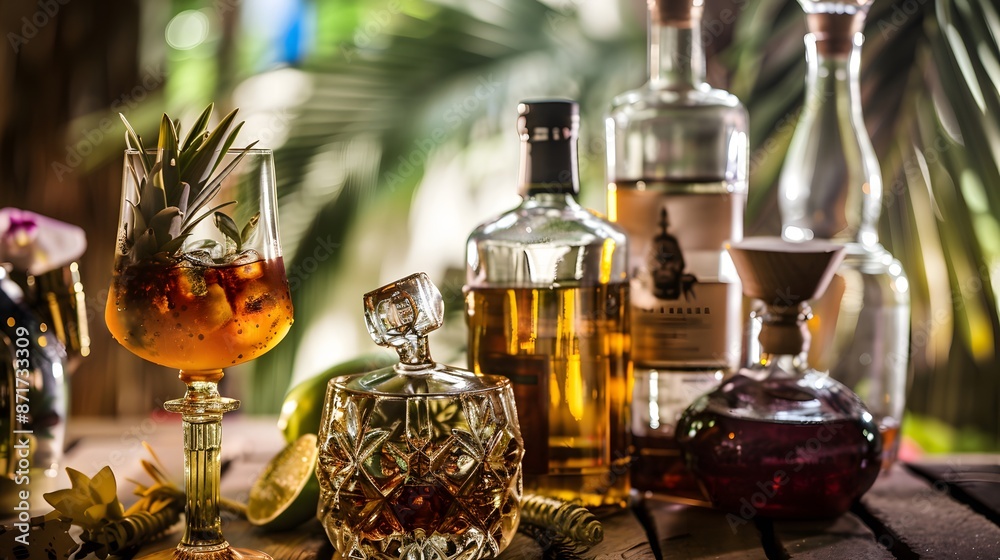 Elegant display of spirits in glass bottles with tropical cocktail and lime on wooden table Elegant display of spirits in glass bottles with tropical cocktail and lime on wooden table
