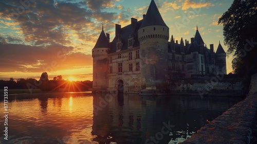 Castle Sunset in Loire Valley: Mediaeval Chateau of Sully-sur-Loire in the French Twilight © Alona