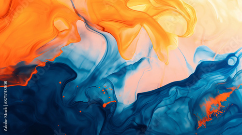 Abstract vivid background. Photo of Ink in water. Colorful smoke. Orange and blue smooth paint stains. Backdrop with space for text. Eye-catching background for social media and printing design. 