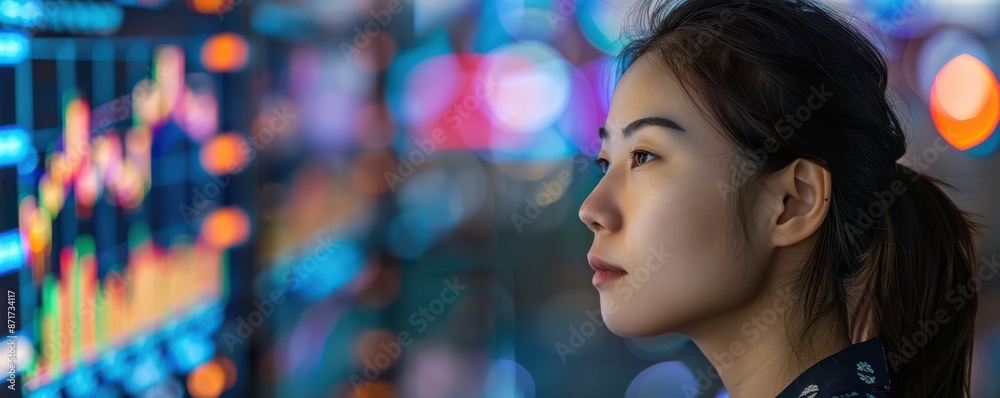 Businesswoman analyzing financial stock data on multiple screens. Free copy space for text. Businesswoman analyzing financial stock data on multiple screens. Free copy space for text.