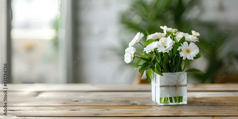 Floral Arrangement and Gift Box Adorning a Wooden Table in a Cozy Home. Concept Home Decor, Floral Arrangements, Gift Boxes, Cozy Vibes, Wooden Table Floral Arrangement and Gift Box Adorning a Wooden Table in a Cozy Home. Concept Home Decor, Floral Arrangements, Gift Boxes, Cozy Vibes, Wooden Table