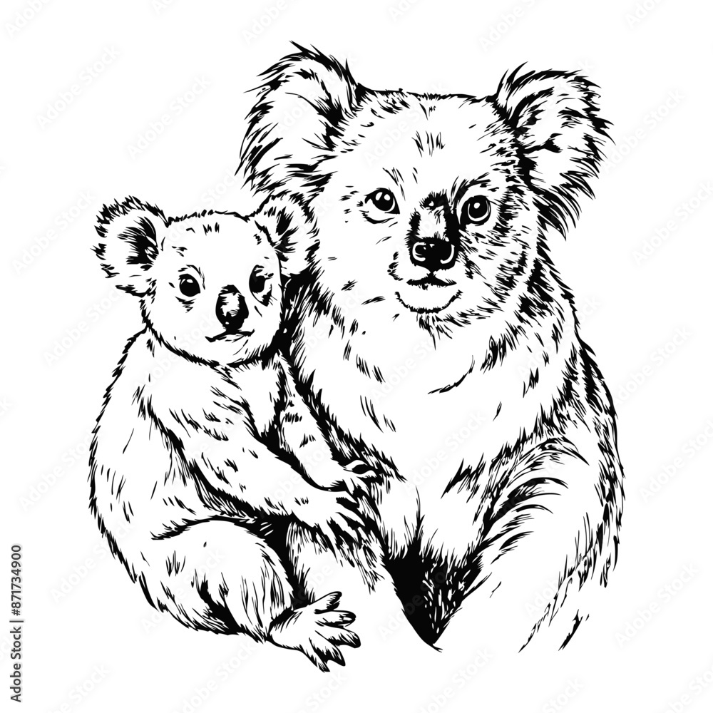 Sketch of a koala mother and baby, on a white background Sketch of a koala mother and baby, on a white background