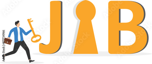 Looking for a new job or employment, career path or promotion, ladder of success, new career vacancy, looking for new opportunities and work, a man with a key runs up the stairs to the word work.

