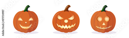 A set of pumpkins for Halloween. A terrifying collection of pumpkins for festive pumpkin lanterns. Vector illustration on a white background.