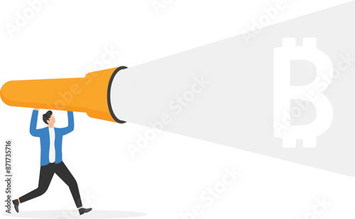 Achieving financial goals in cryptocurrency market, investor in search of stock market to invest cash in digital currency, risky game in foreign exchange market, man with flashlight runs for bitcoin.

