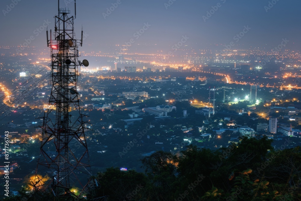 Fototapeta premium A towering structure stands tall against a backdrop of a city illuminated by twinkling lights.