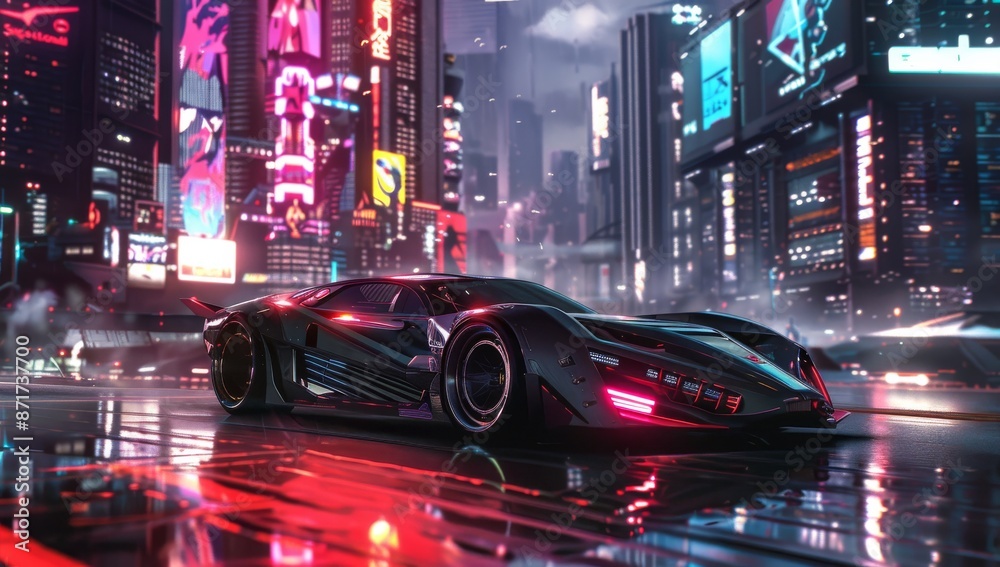 Futuristic car driving on the streets of a cyberpunk city, with neon lights and reflections on wet roads. Futuristic car driving on the streets of a cyberpunk city, with neon lights and reflections on wet roads.
