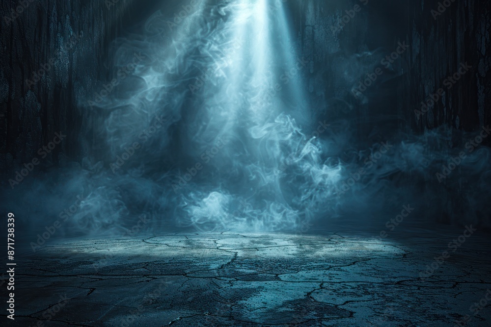 A dark room with a blue light shining on a wall of smoke A dark room with a blue light shining on a wall of smoke