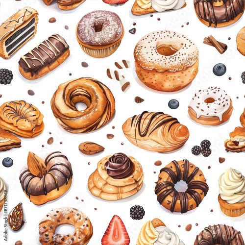 Watercolor vector pattern of bakery and pastry items, top-down view, grid layout