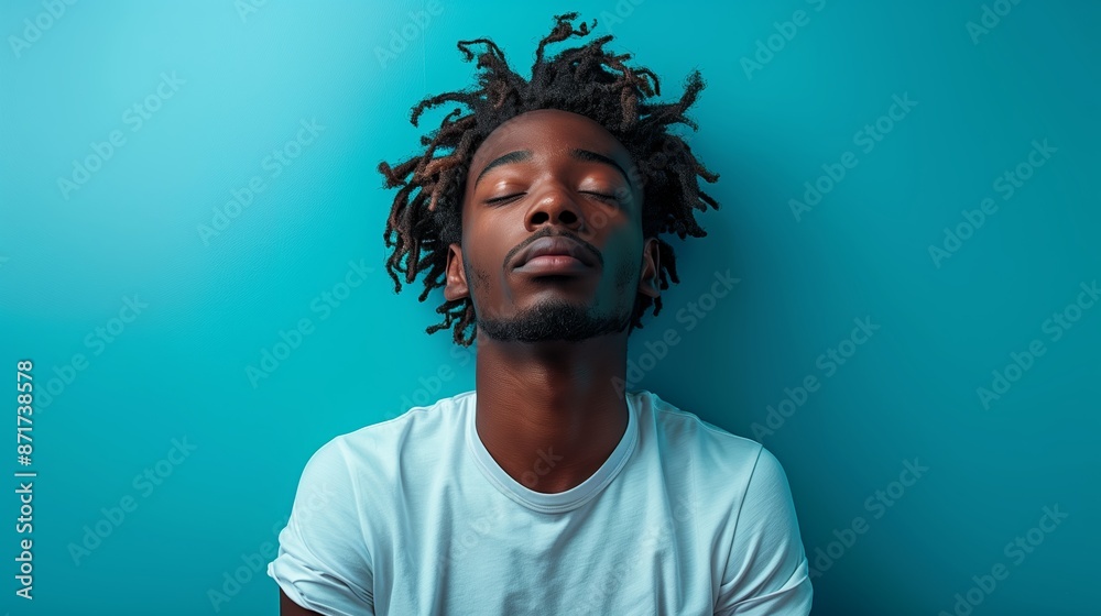 Obraz premium Man With Dreadlocks in White T-Shirt Against Teal Background