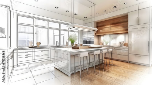 Modern kitchen with white marble wall panels and island bar, an interior design concept. Design plan mockup in white and color of luxury house