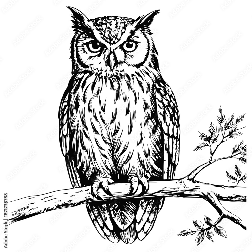 Fototapeta premium Sketch of an owl perched on a branch, front view, on a white background