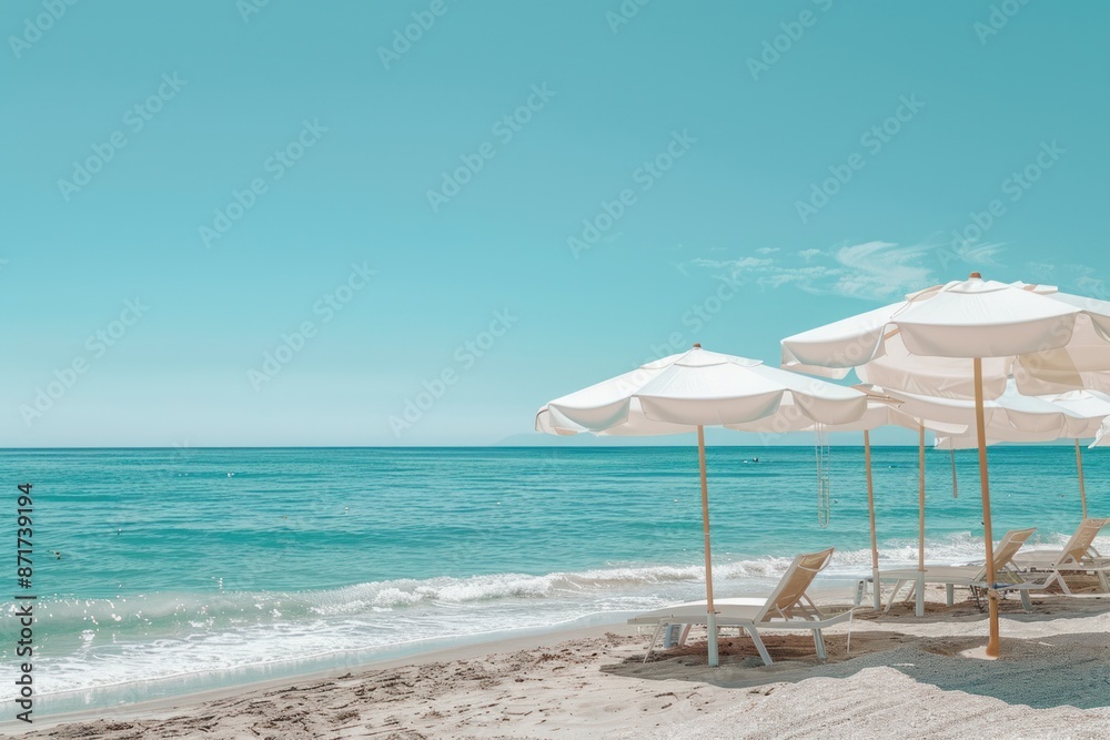 Fototapeta premium A beach scene with a blue ocean and white umbrellas