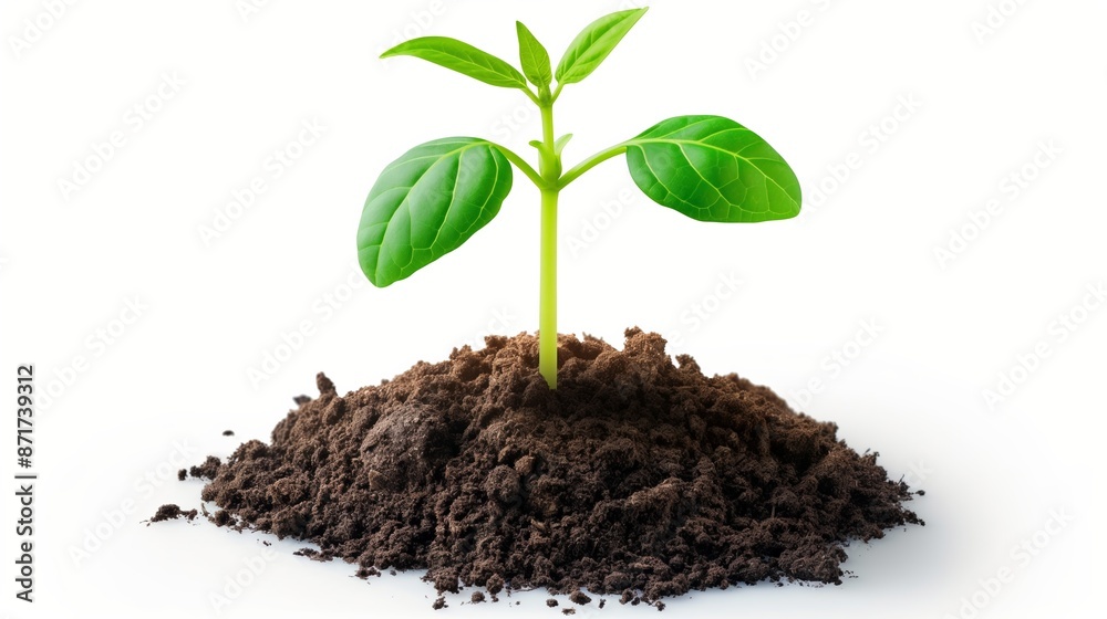 A small green plant is growing in a pile of dirt A small green plant is growing in a pile of dirt