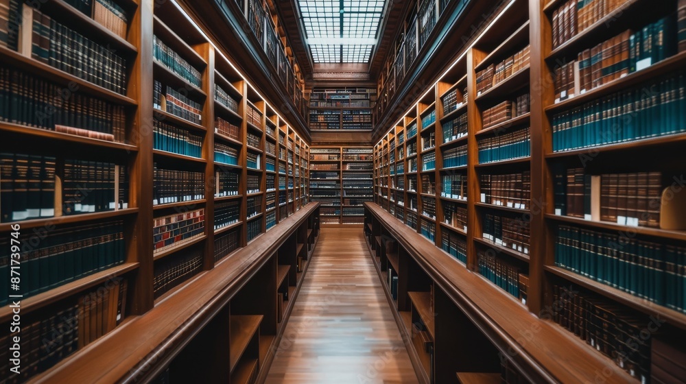 Fototapeta premium Antique library with rows of timeworn books, wooden bookshelves, traditional reading desks, and warm lighting, exuding a classic and historic atmosphere