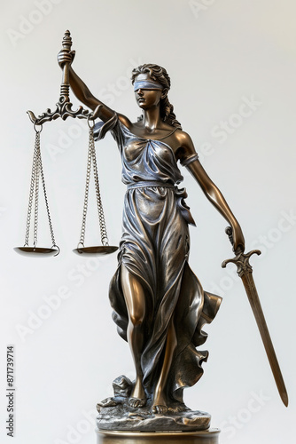 Bronze statue of lady justice, blindfolded and holding scales and a sword, symbolizing justice, fairness, and the law