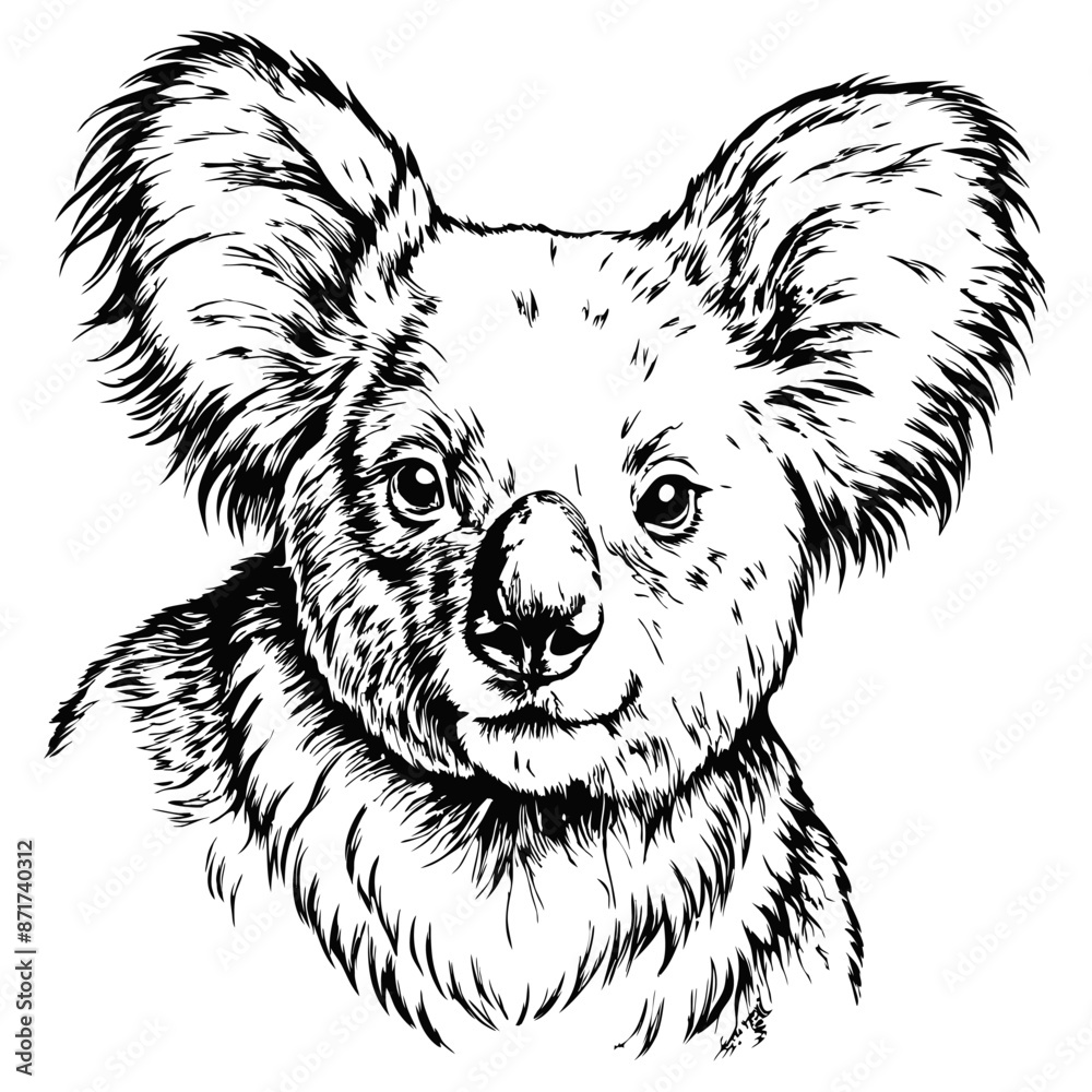 Sketch of a koala with a sleepy expression, front view, on a white background Sketch of a koala with a sleepy expression, front view, on a white background