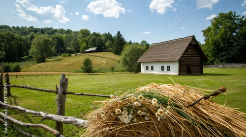 Nostalgic countryside scene with a traditional farmhouse, heritage tools, and rustic landscape, showcasing the beauty of a bygone period