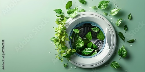 Greenwashing washing machine banner with copy space for ecofriendly products. Concept Ecofriendly Appliances, Green Living, Sustainable Choices, Environmental Awareness, Household Innovations